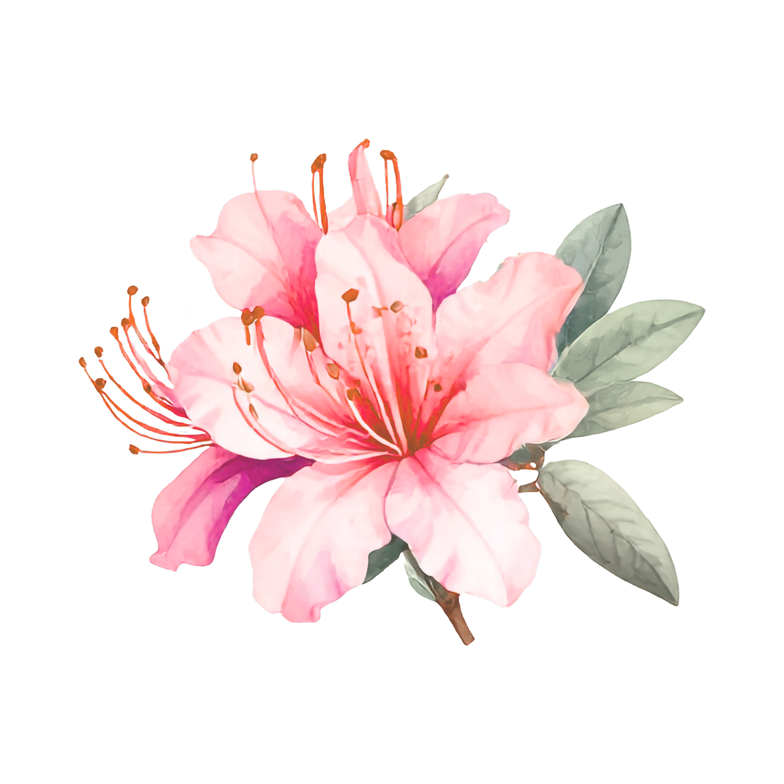 Close-up of a pink flower with orange stamens and green leaves against a black background.