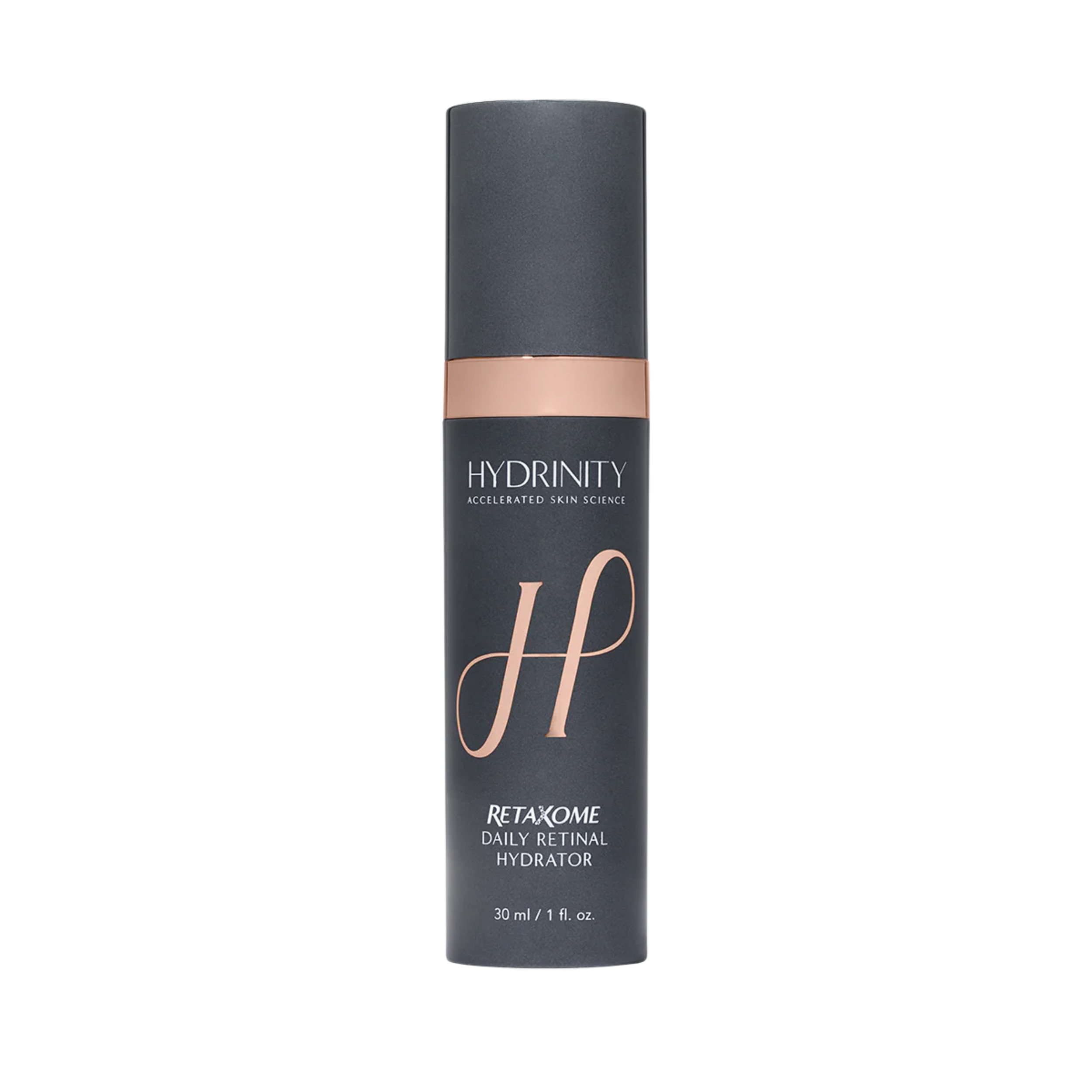 A tube of Hydrinity daily retinal hydrator with a black and rose gold design and text.