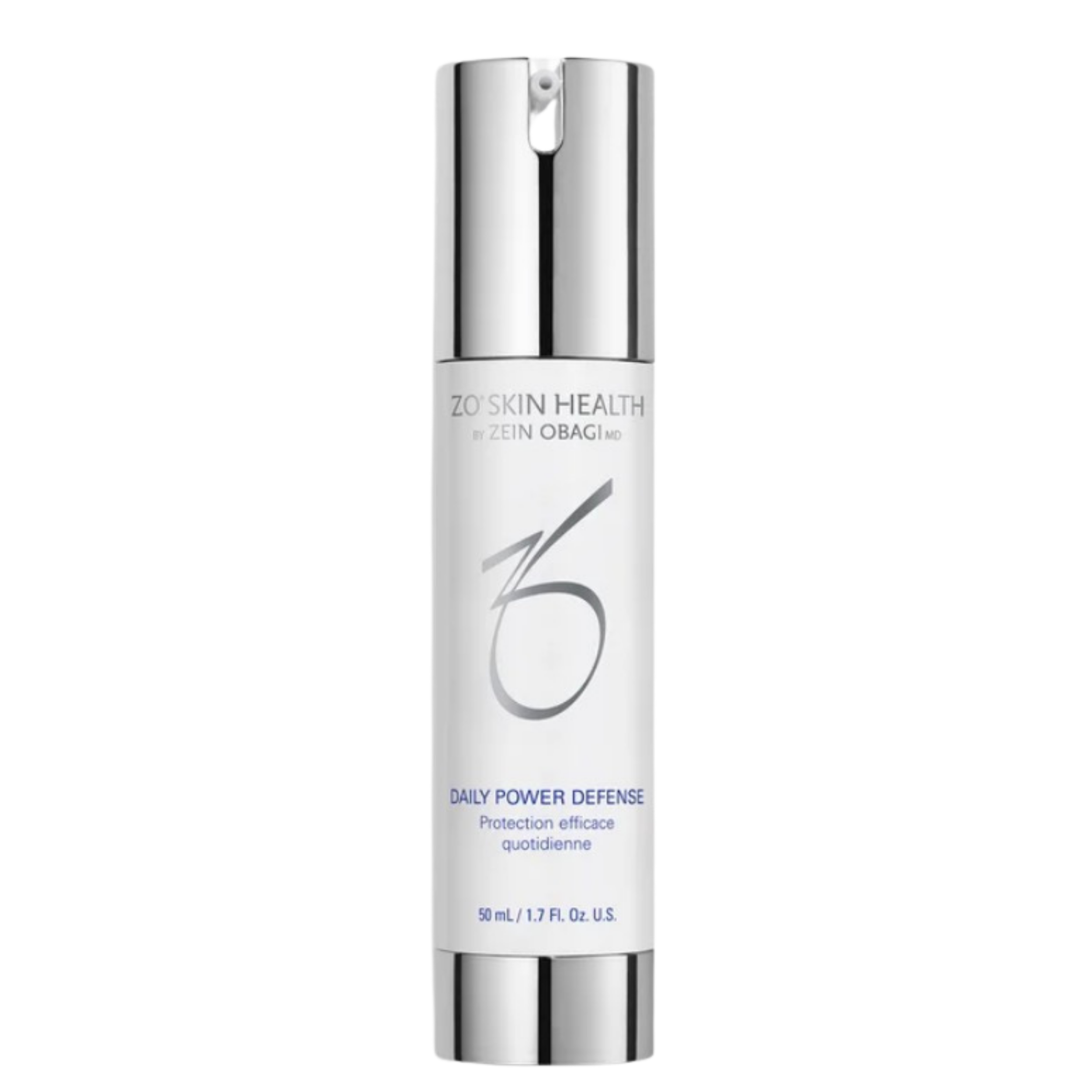 A skincare product in a white tube with silver accents and black text that reads "ZO Skin Health" and "Daily Power Defense".