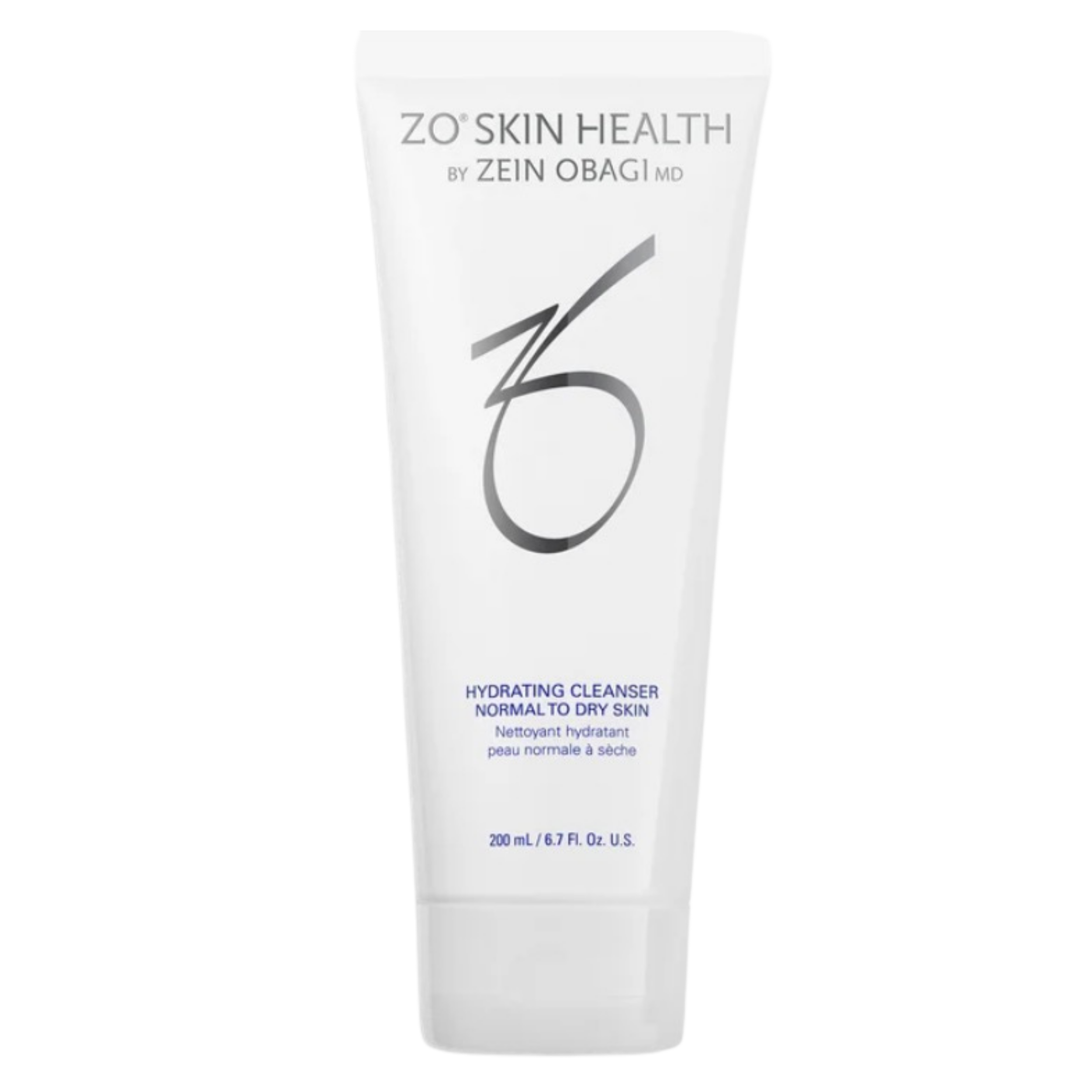 A white tube of Zo Skin Health Hydrating Cleanser with black text and a black swirl design.
