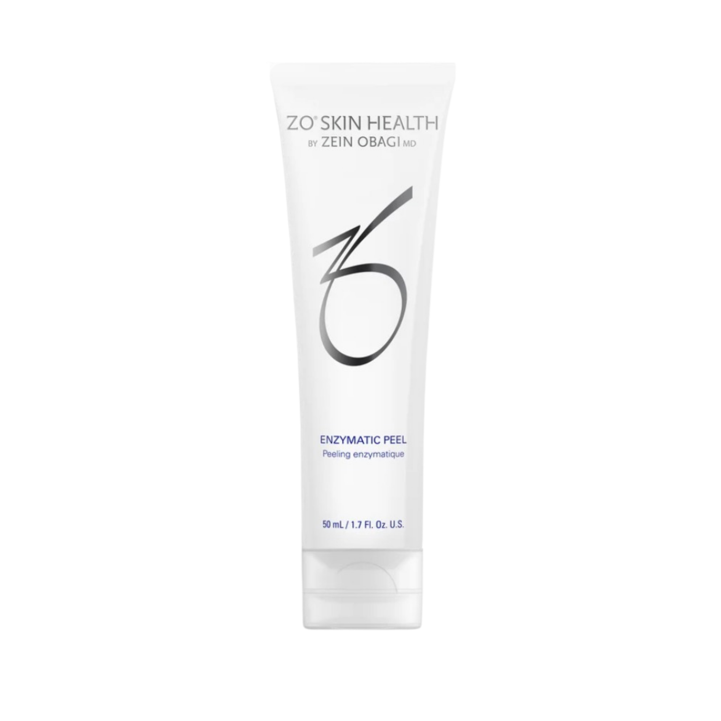 The image shows a white tube of enzymatic peel skincare product labeled "ZO Skin Health by Zein Obagi MD" with a capacity of 50 mL or 1.7 fl ounces.