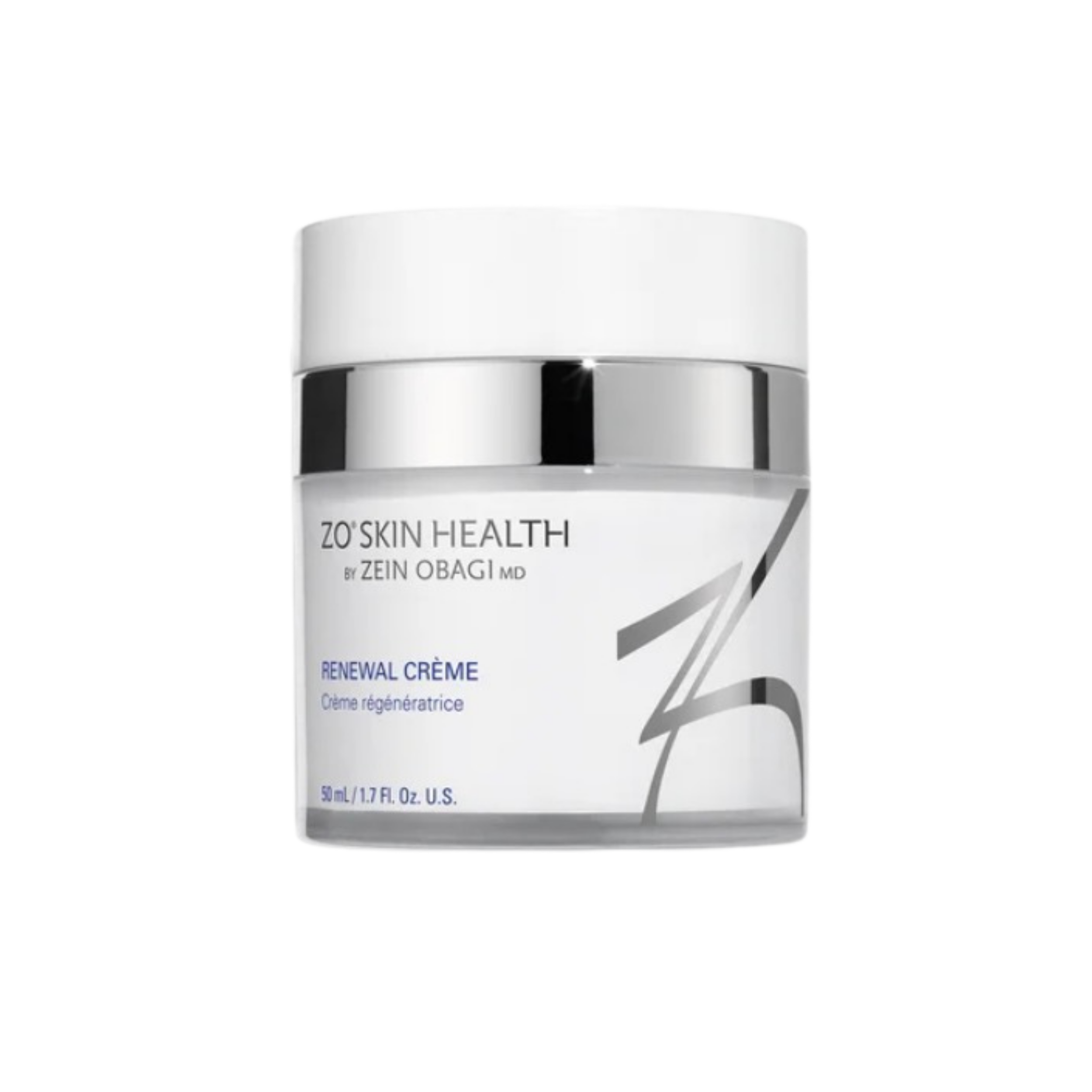Close-up of a white jar labeled Zo Skin Health Renewal Crème by Zein Obagi MD with silver accents.