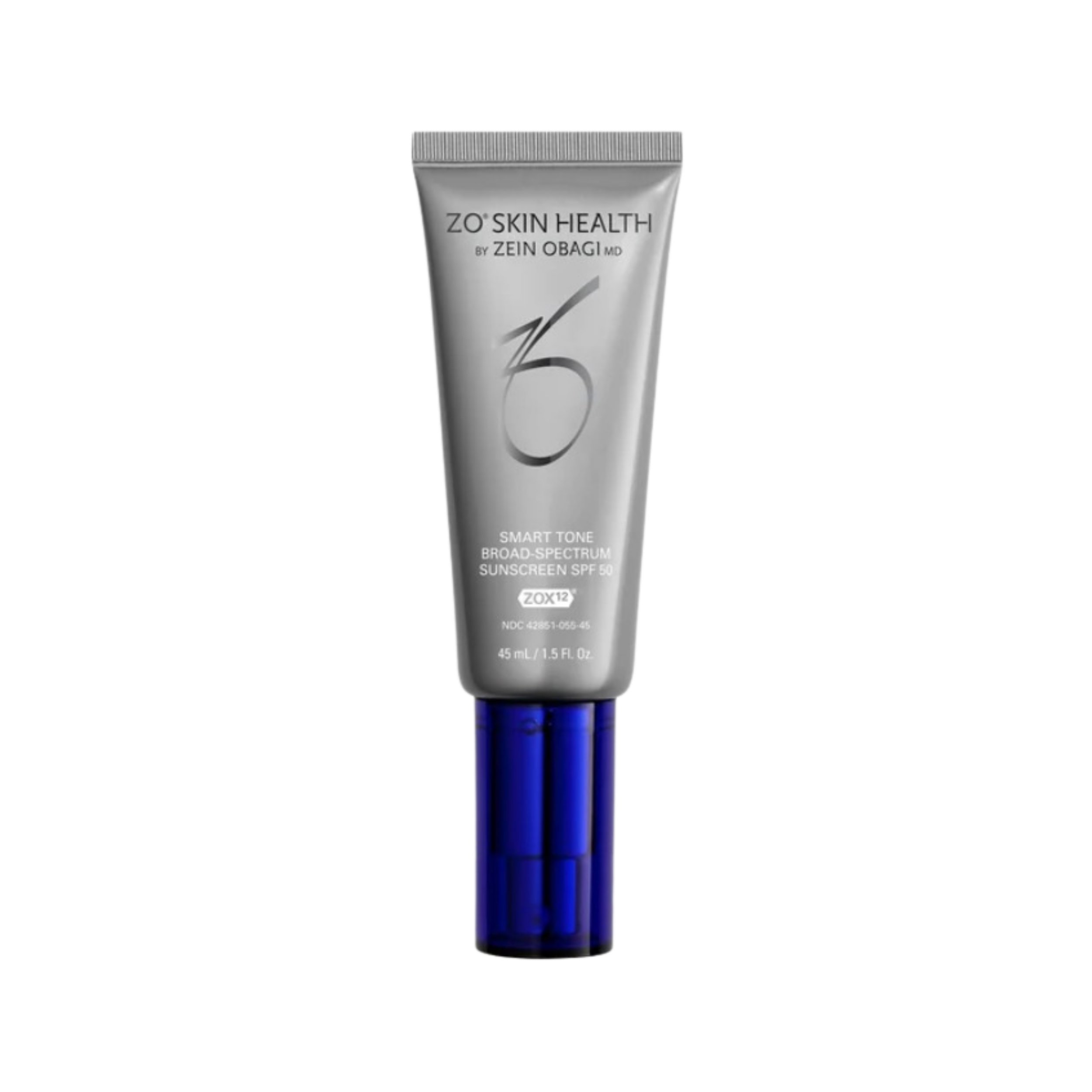 Gray tube of ZO Skin Health broad-spectrum sunscreen SPF 50 with a blue cap, showing product details on the label.