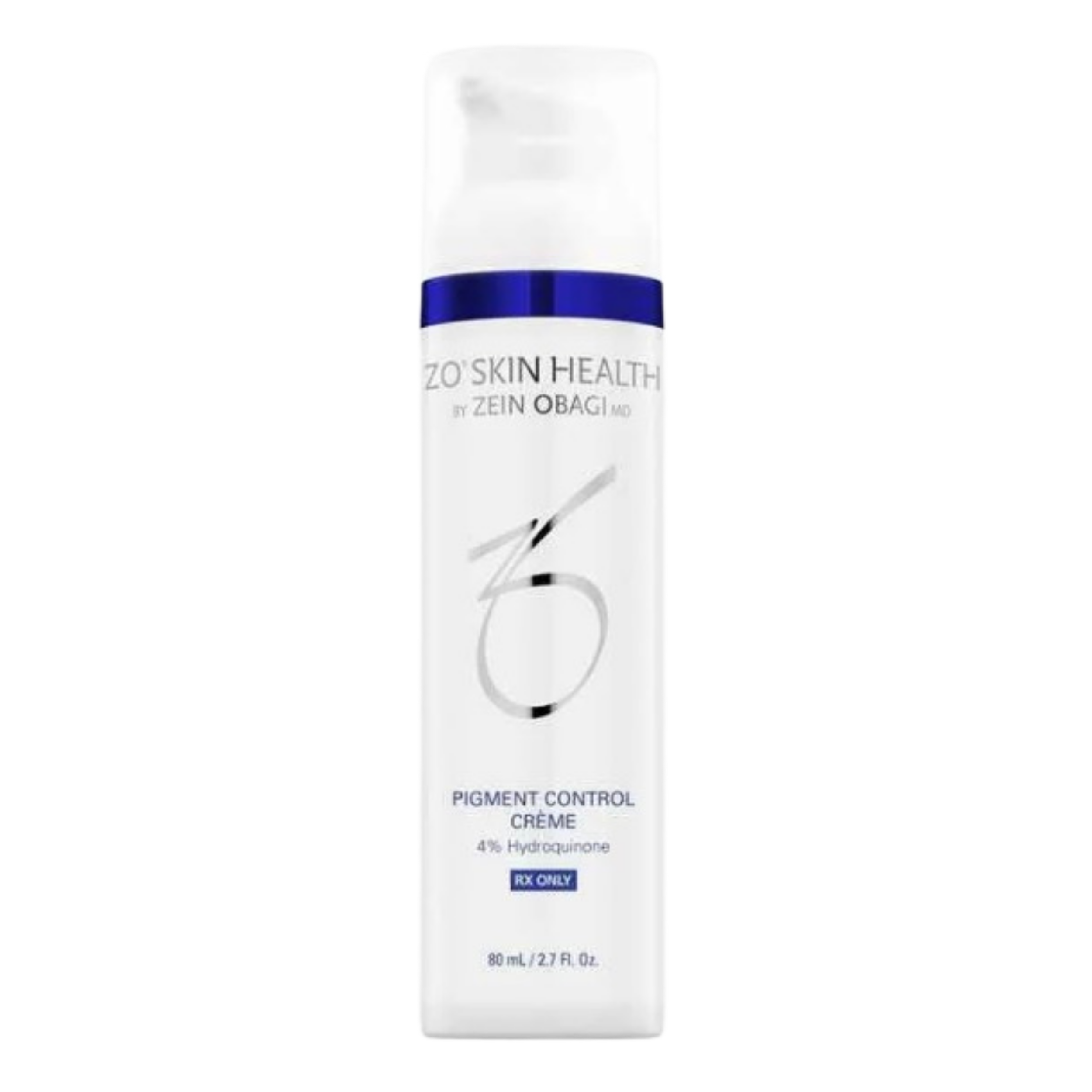 A white box of pigment control crème with a navy blue band around the middle. The label indicates it contains 4% hydroquinone, is for prescription only, and has a volume of 80 mL or 2.7 fl oz.