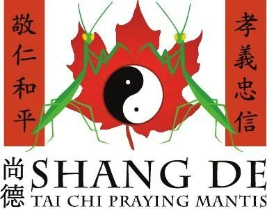 A Chinese spiritual emblem featuring a praying mantis on a maple leaf with yin-yang symbol at the center, flanked by red vertical banners with Chinese characters.