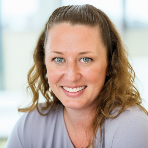 A woman with curly, light brown hair and blue eyes, smiling, wearing a light gray top, indoors with a blurred background.