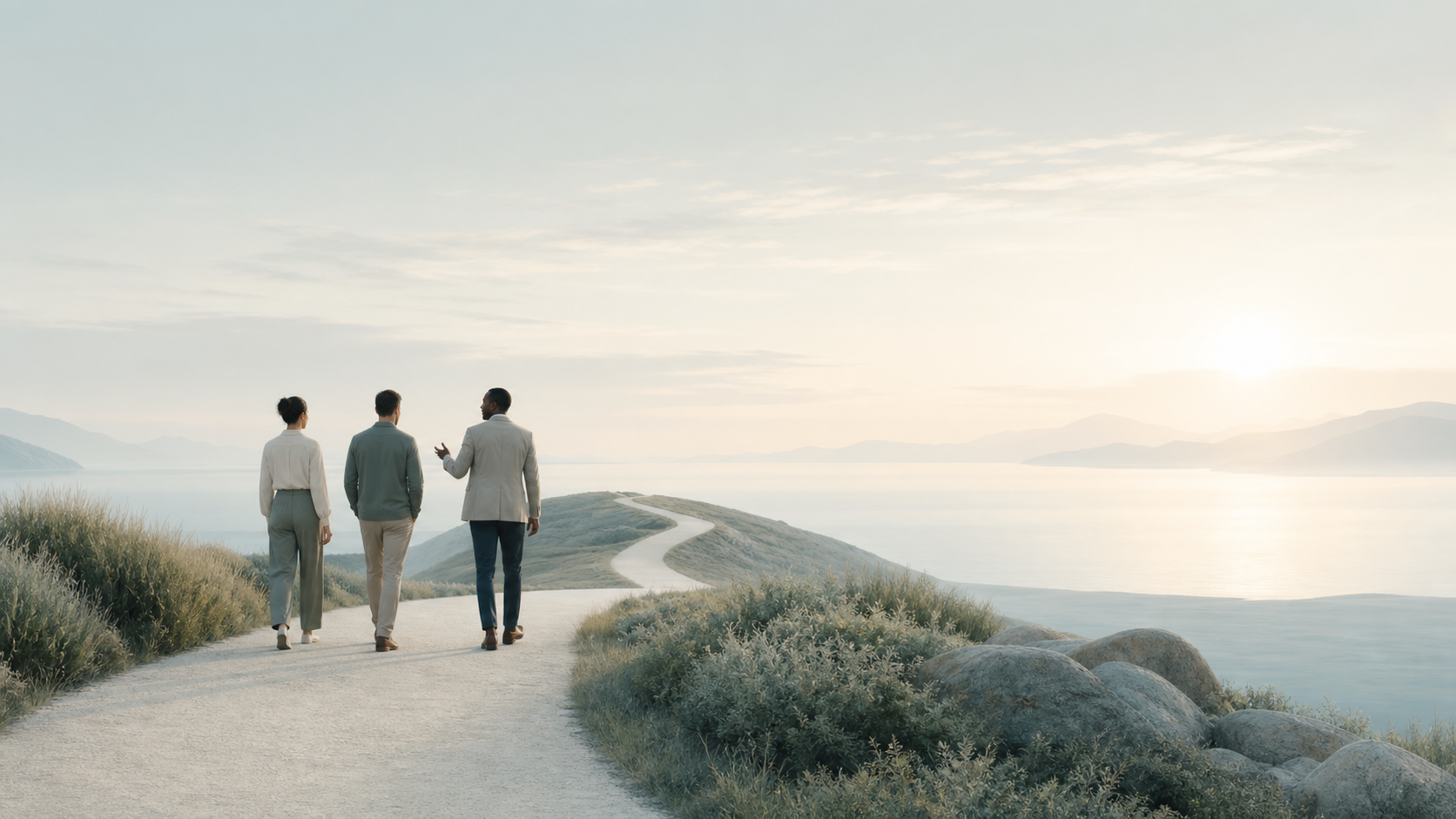 Three people walking on a winding path near water with mountains in the distance during sunrise or sunset.