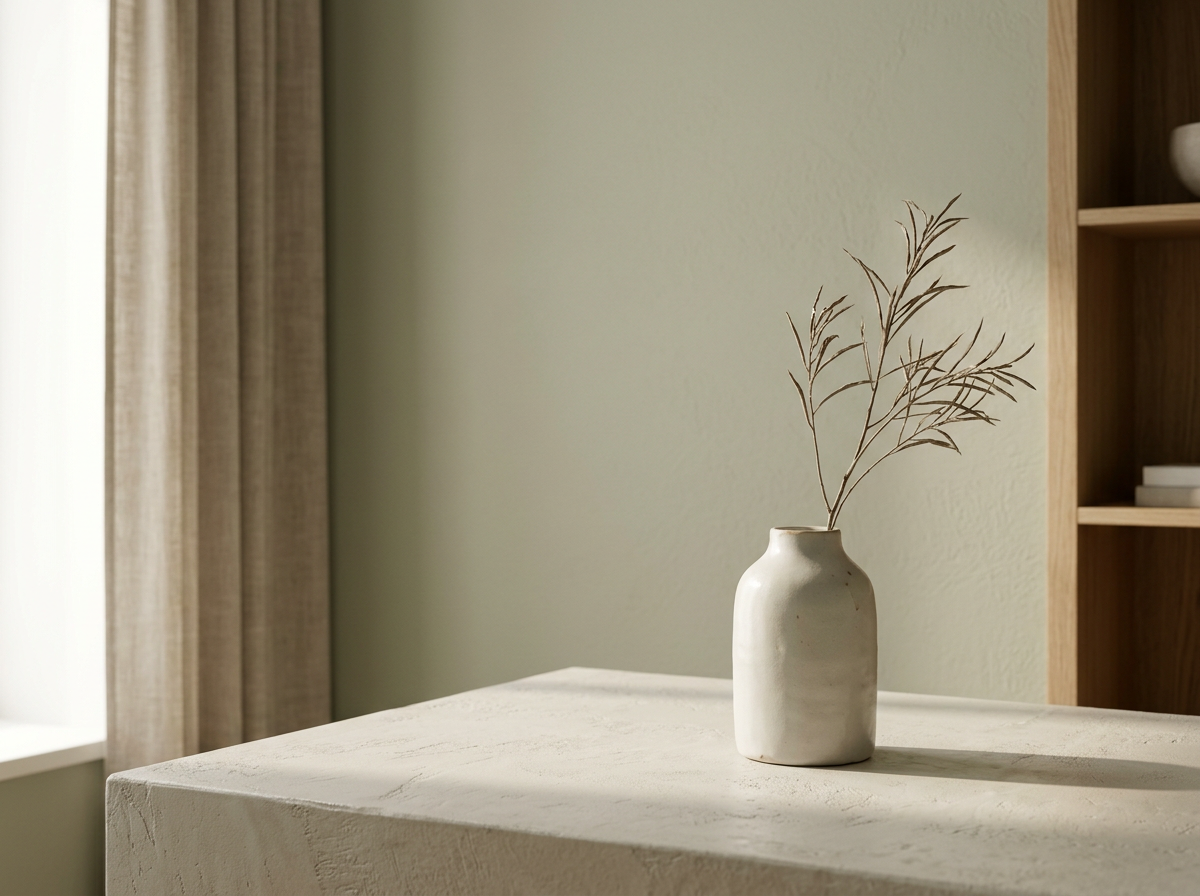 White ceramic vase with dried branches on a white surface in a minimalist room with beige curtains and a wooden shelf