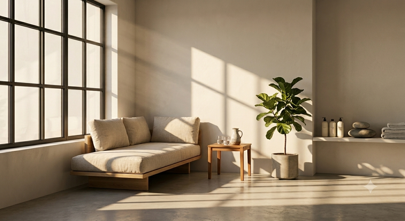 Minimalist living room with large window, beige sofa, small wooden side table with a pitcher and glasses, large potted plant, and shelves with bottles, stones, and towels