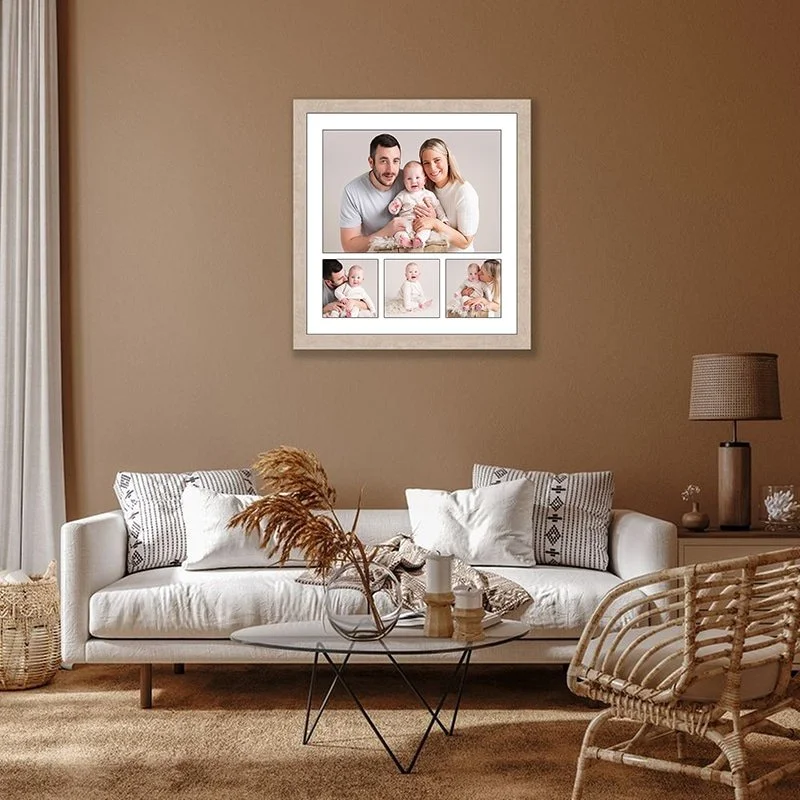 Multi-image framed wall portrait above a sofa