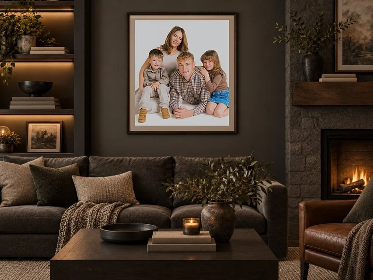 Family wall portrait displayed in a living room