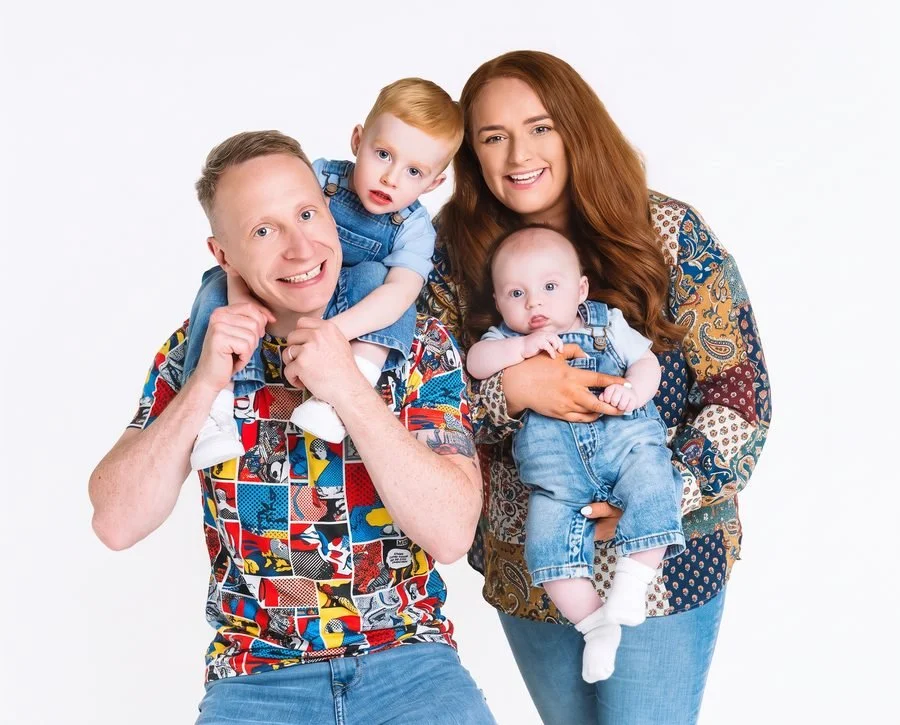 Family wearing busy patterned shirts