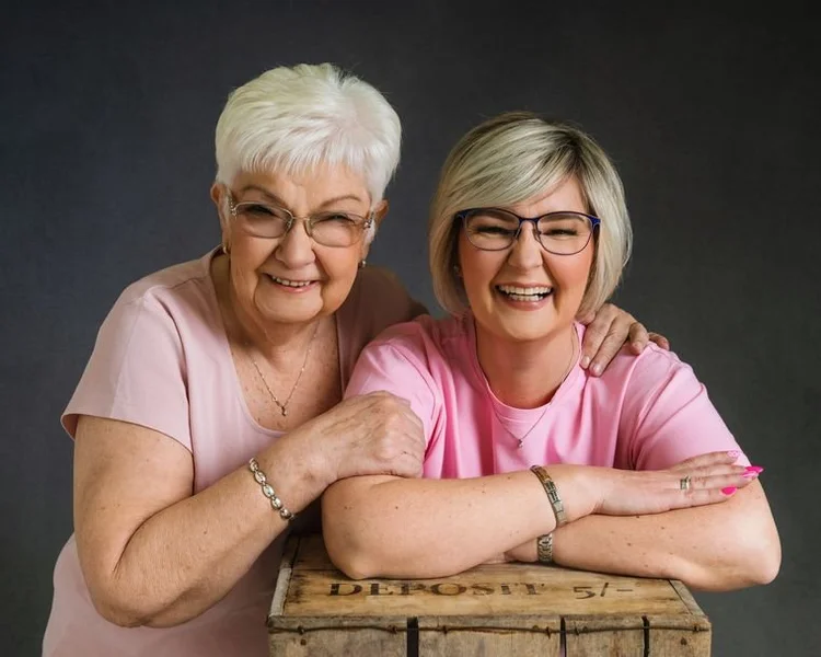 Mother and daughter in shades of pink