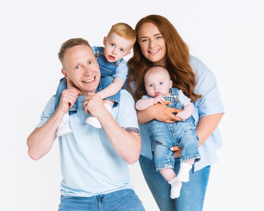 The same family in plain blue and denim