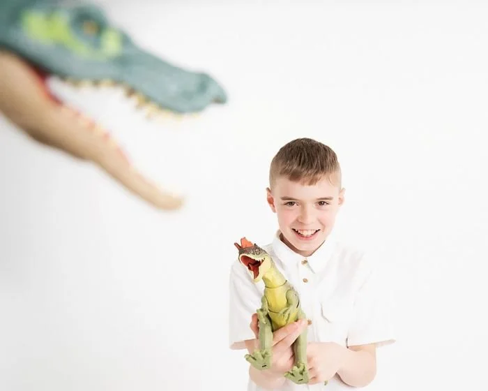 Boy with his dinosaur toys