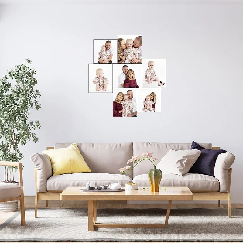 Multi-image art panels arranged on a living room wall