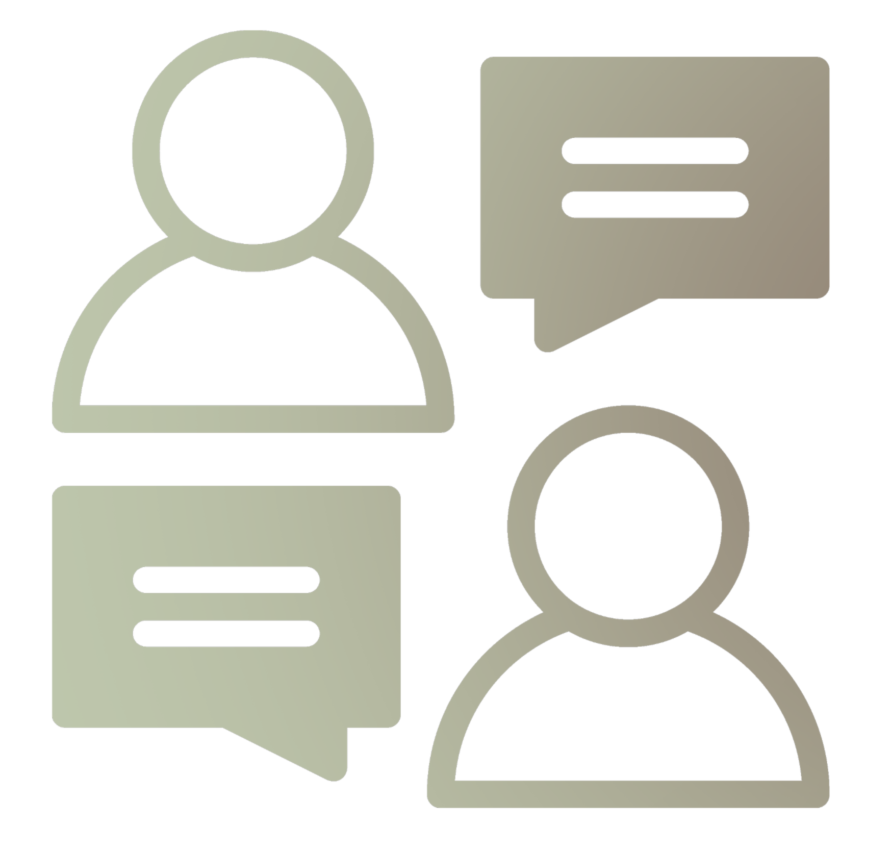 Icons representing speaking with speech bubbles, a person, and a document, all in muted colors on a black background.