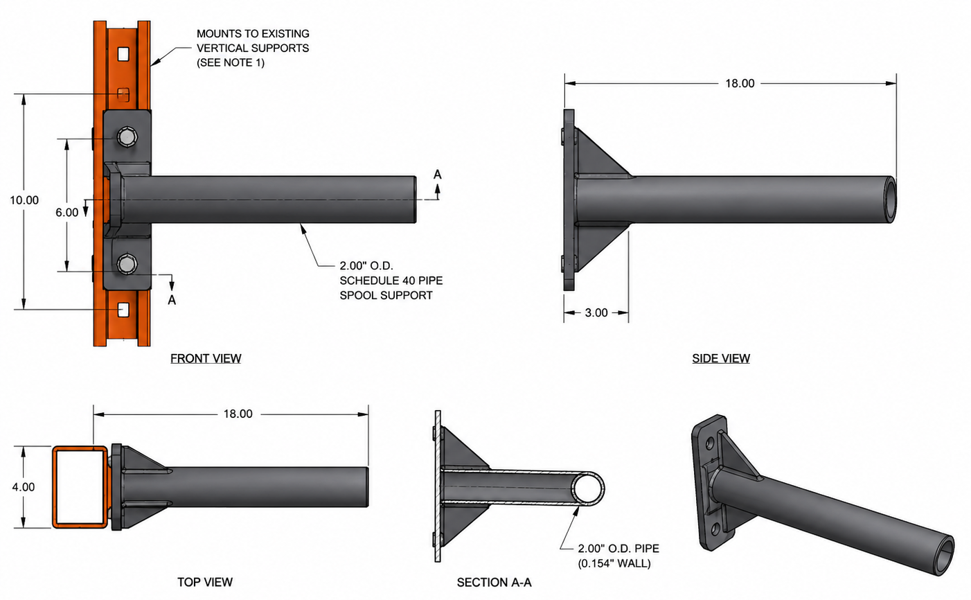 Technical drawing of a pipe support with front, side, top, section views, and measurements, showing it mounts to vertical supports and supports a 2-inch diameter schedule 40 pipe.