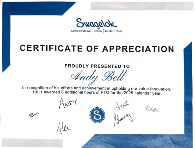 Certificate of appreciation awarded to Andy Bell from Swagelok Denver, recognizing his efforts in the area of innovation.