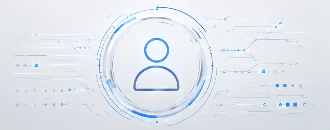 Digital user about icon with abstract technological background.