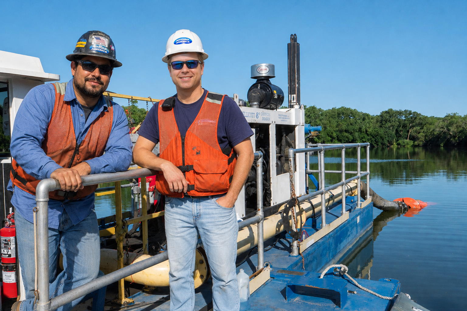 Two men in safety vests and hard hats standing on a boat for water research, with lush green trees across a calm river under a blue sky.