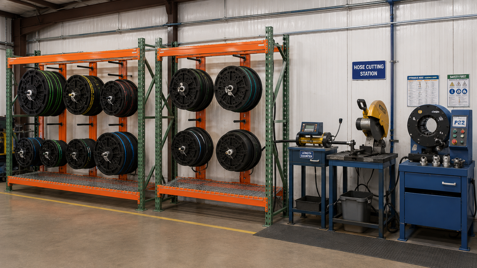 Industrial hose storage and cutting station with various colored hoses on racks, hose cutting machine, lengths counter, and control equipment in a warehouse or workshop setting.