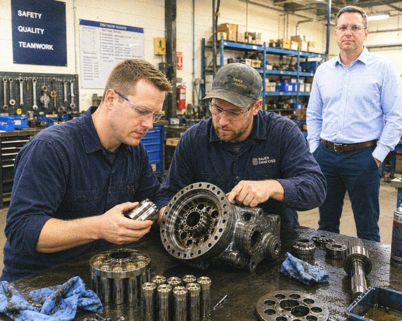 Three men working on machinery parts in a workshop, two wearing safety glasses and dark work clothes, one man in a white dress shirt with glasses and hands in pockets, background with tools, shelves, and safety signs.