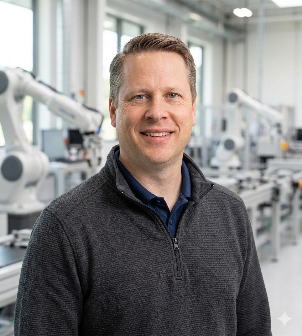 Profile picture. Andy in a laboratory with robotic arms and equipment in the background.