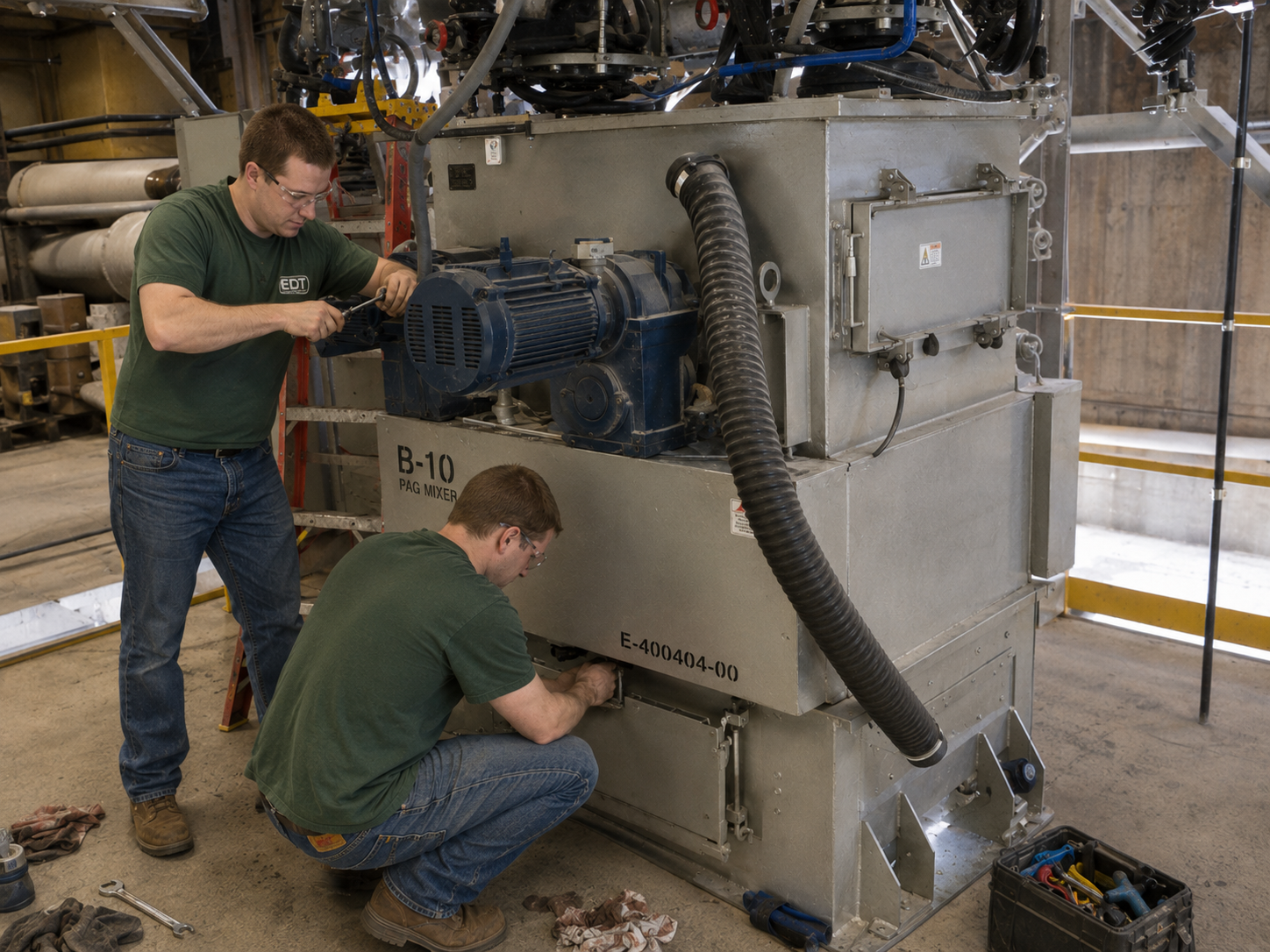Two workers repairing or maintaining industrial machinery in a workshop.