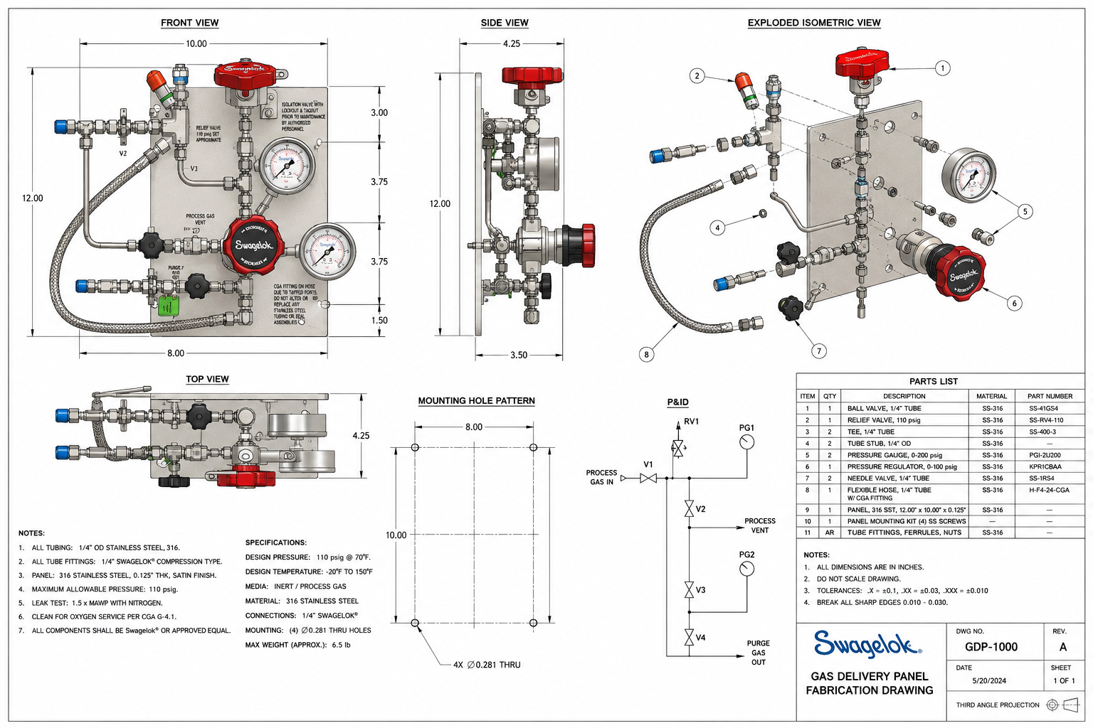 Technical schematic drawing of the stainless steel industiral gas control panel with labeled front view, side view, exploded isometric view, top view, mounting hole pattern, bill of materials, specifications, and notes.
