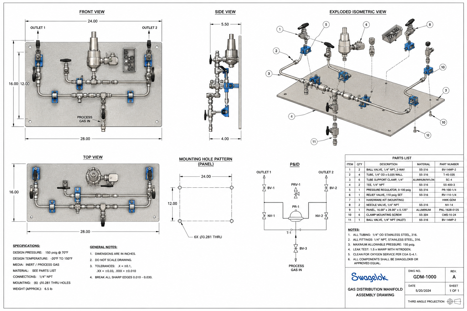 Technical schematic drawing of the stainless steel gas delivery system with labeled front view, side view, exploded isometric view, top view, mounting hole pattern, bill of materials, specifications, and notes.