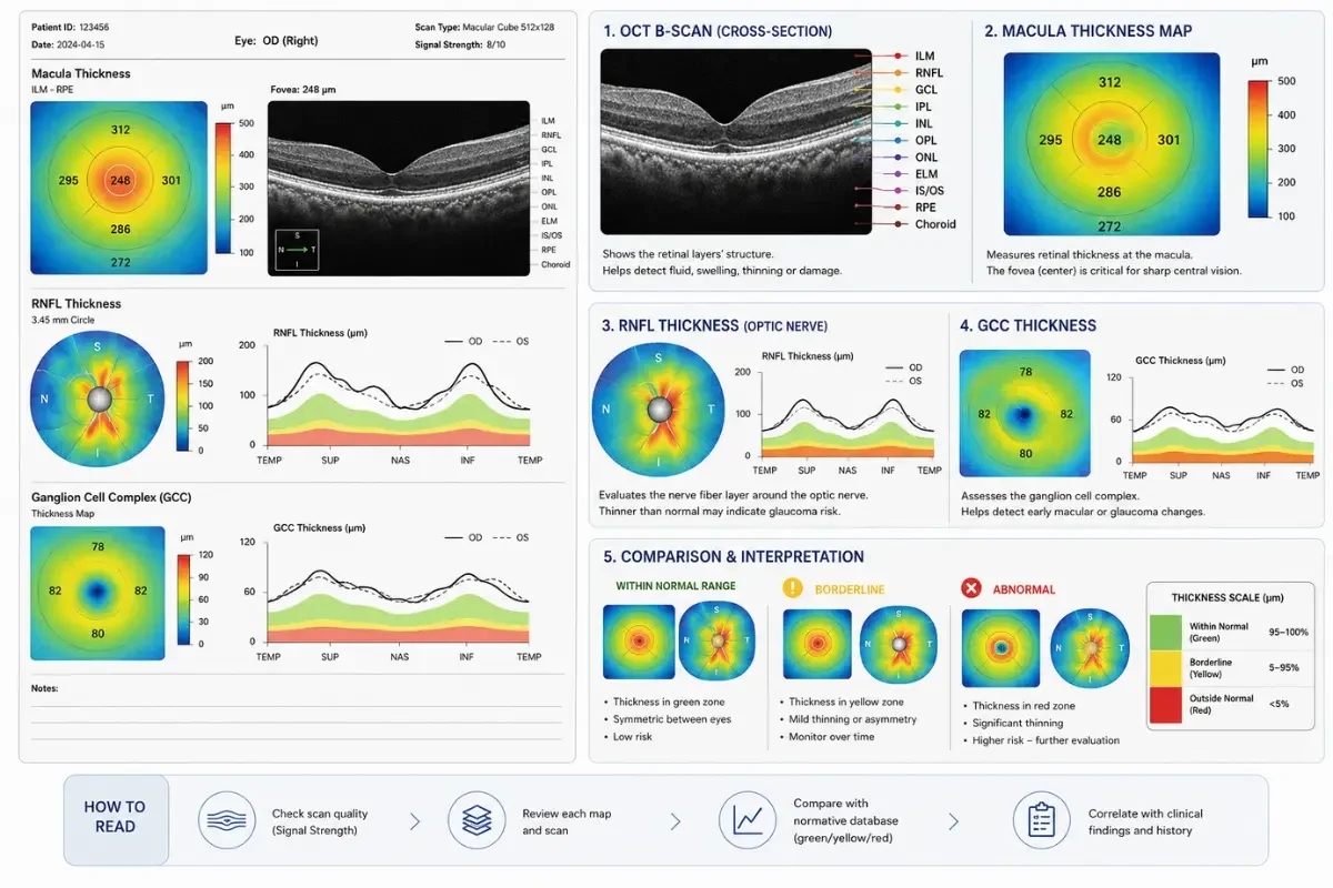 OCT eye test report showing retinal thickness map, RNFL, GCC and colour-coded results