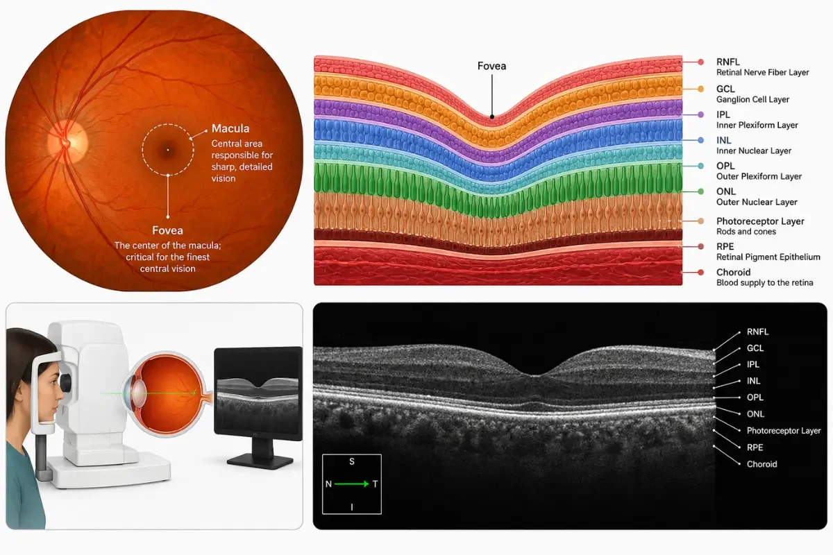 OCT scan showing retinal layers, macula and fovea in a cross-sectional view