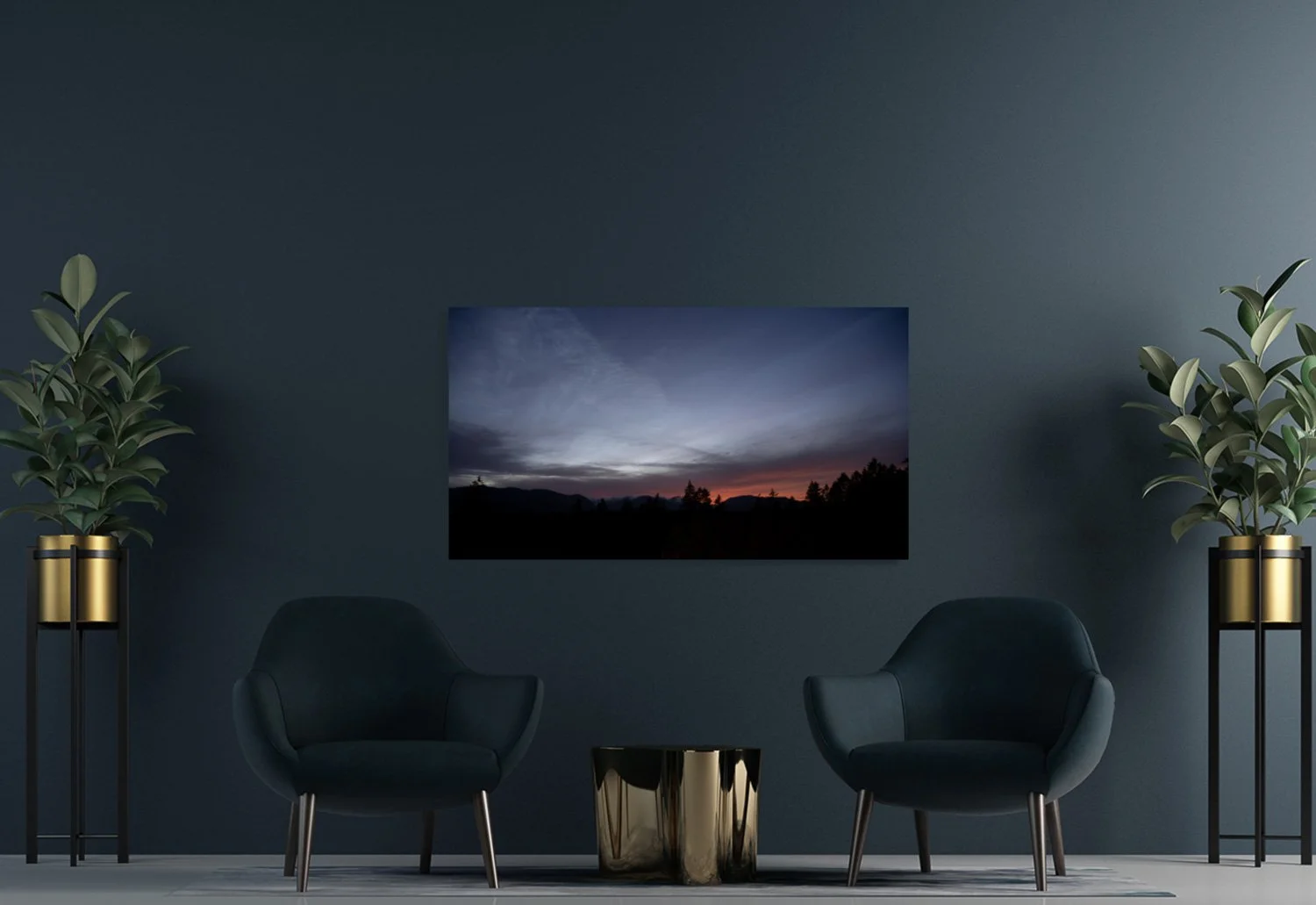 A thin band of ember-orange light along the horizon beneath a deep blue twilight sky, with a silhouetted ridgeline and firs, Port Alberni.