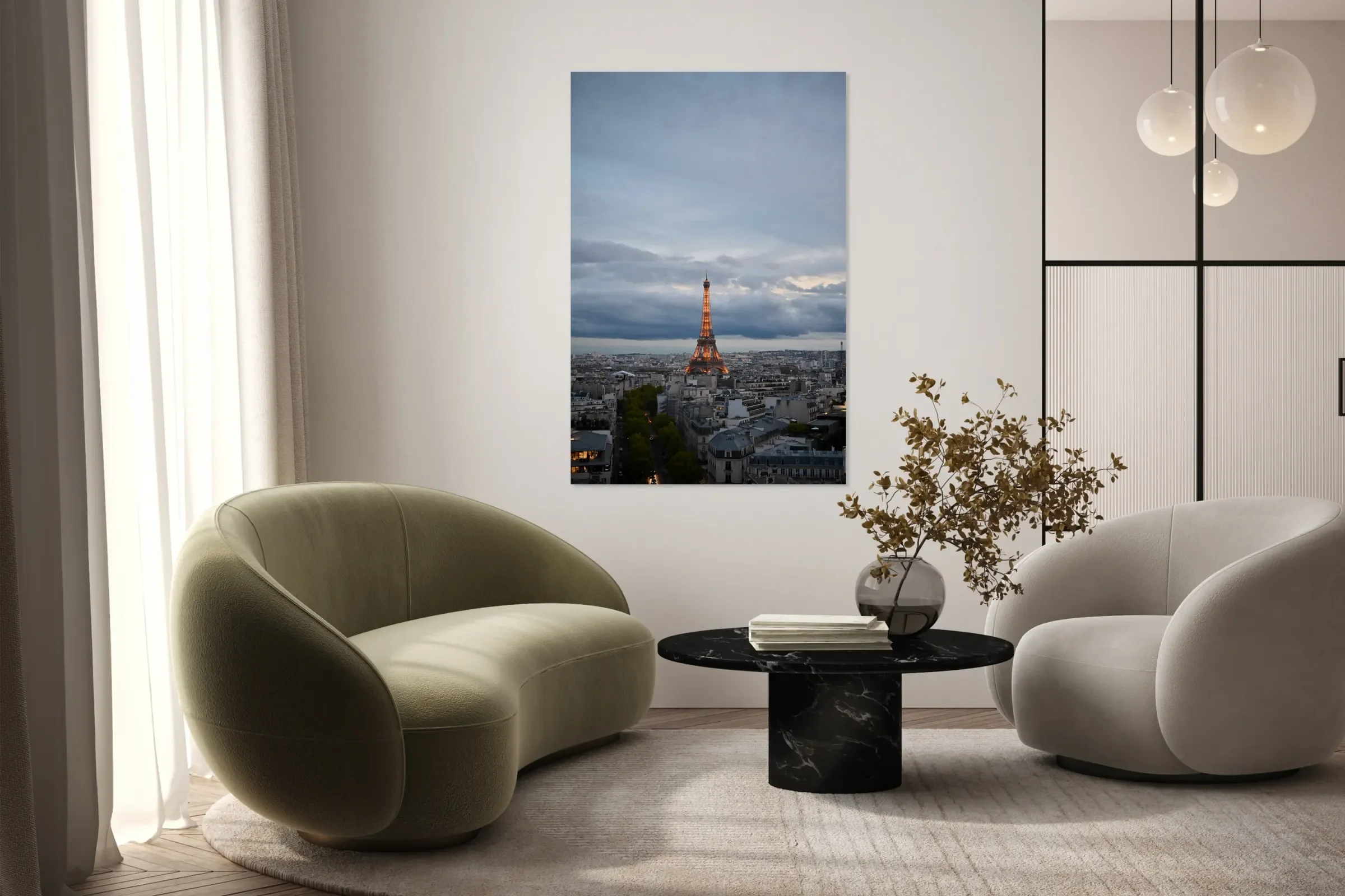 The Eiffel Tower glowing gold over an evening Paris skyline. Fine art landmark print by George Ninos, shipped worldwide.