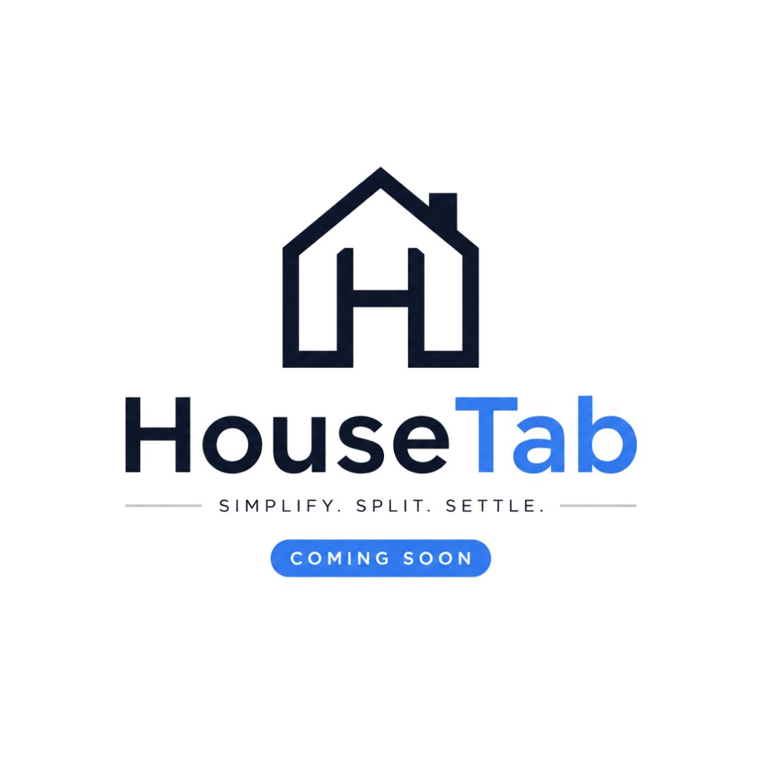 Logo for HouseTab featuring a stylized house icon above the text 'HouseTab' with the tagline 'Simplify, Split, Settle' and a 'Coming Soon' label