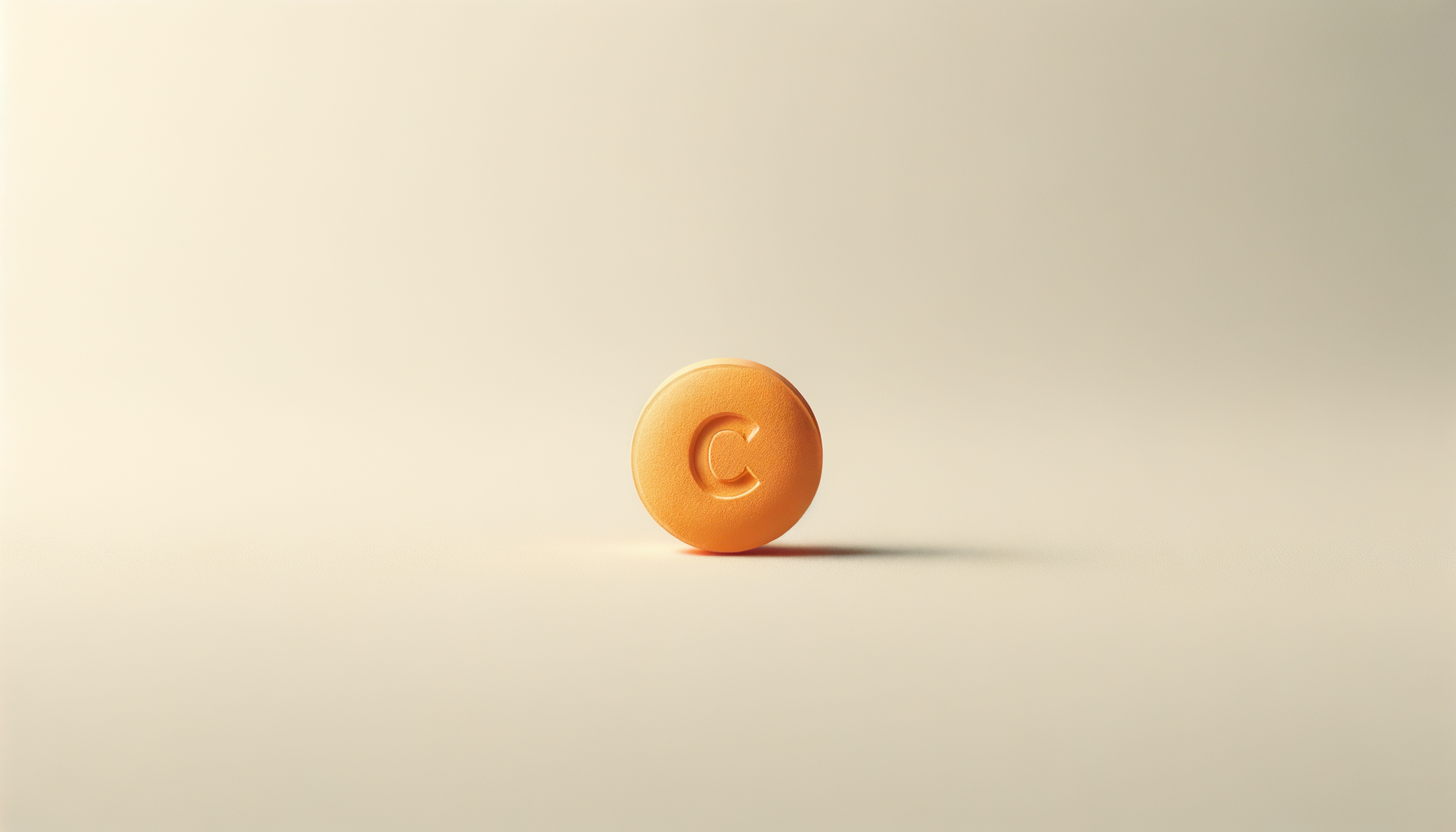 A round orange pill with the letter 'C' engraved on it, placed on a plain light-colored surface.