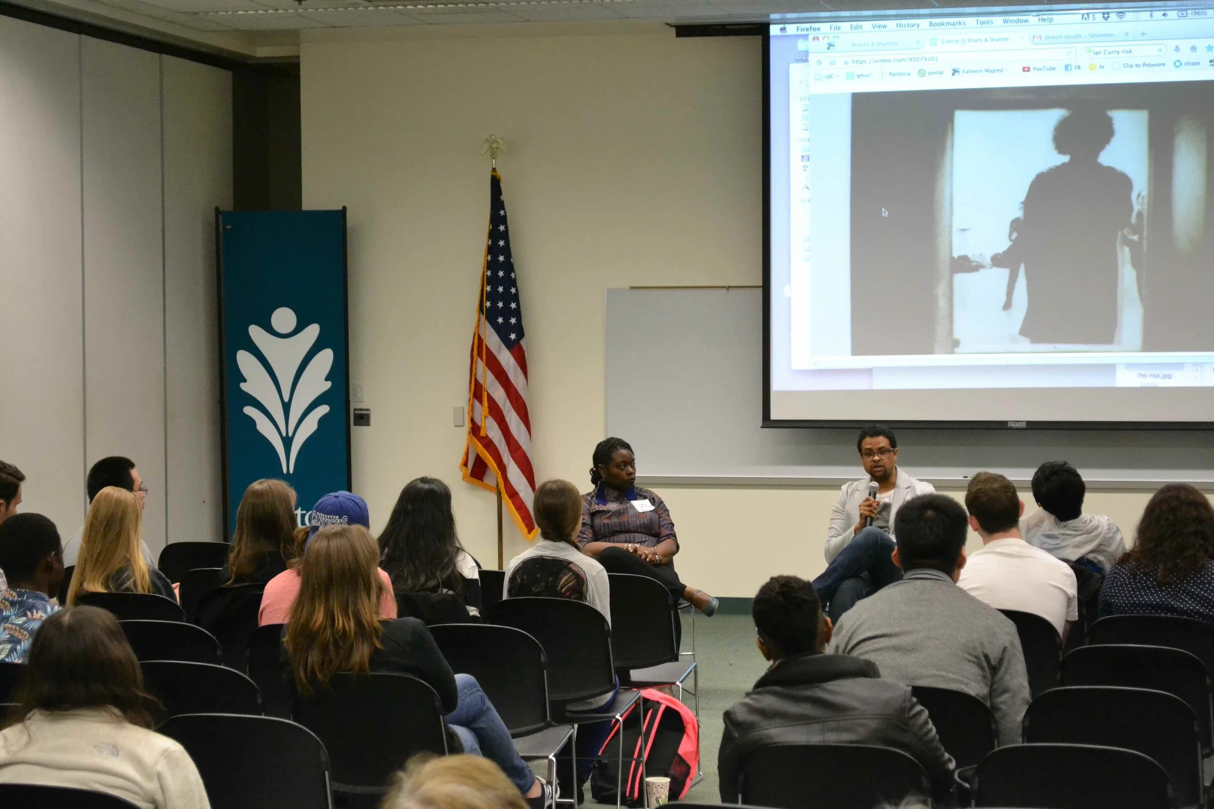Faheem Majeed presenting at Creating Justice alongside Skyla Hearn