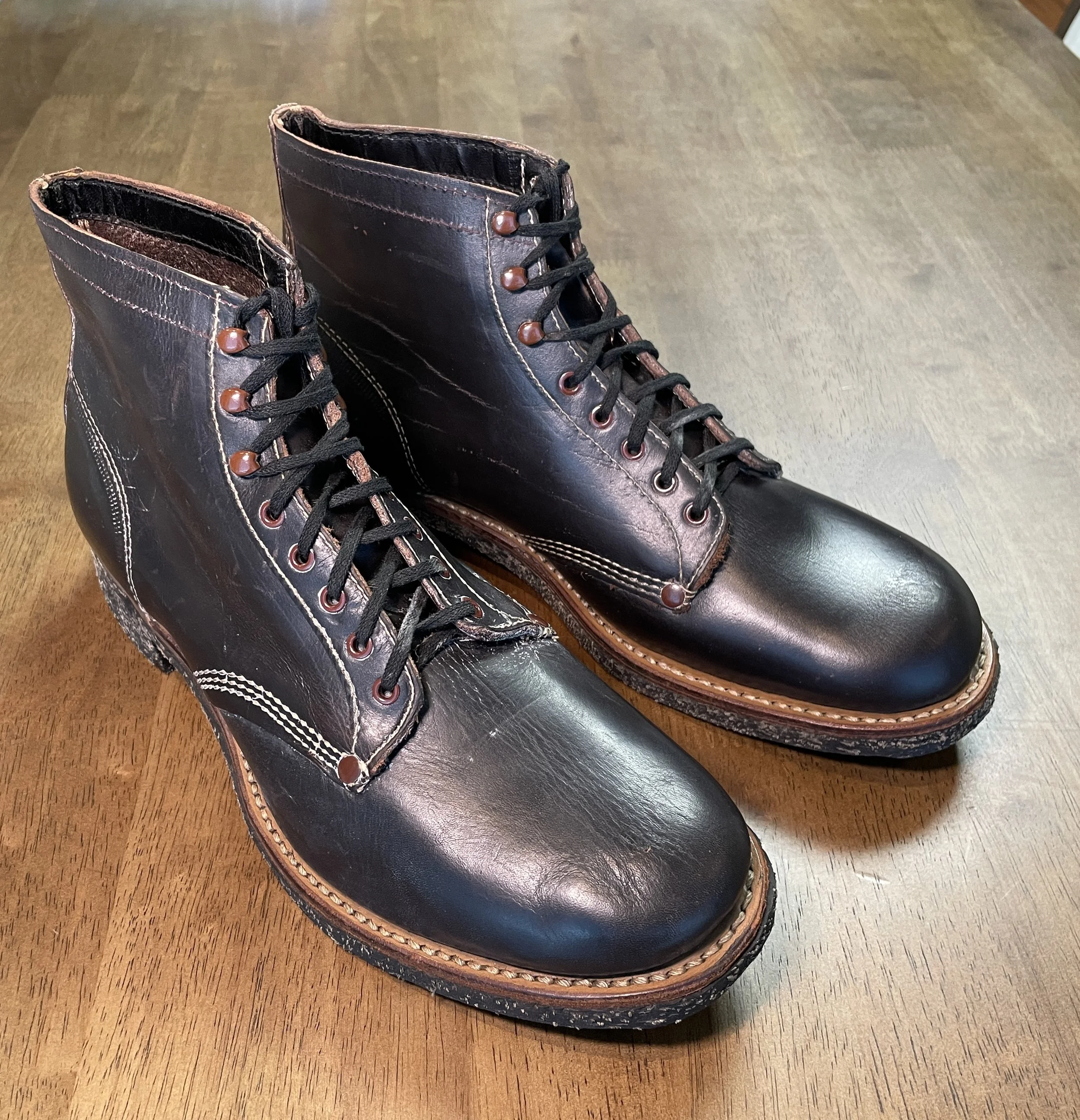 Unknown maker work boots, c. 1930s–1940s. A modest, utilitarian pair that appears to have been made as affordable work footwear, yet built with notably attractive leather and honest period construction.