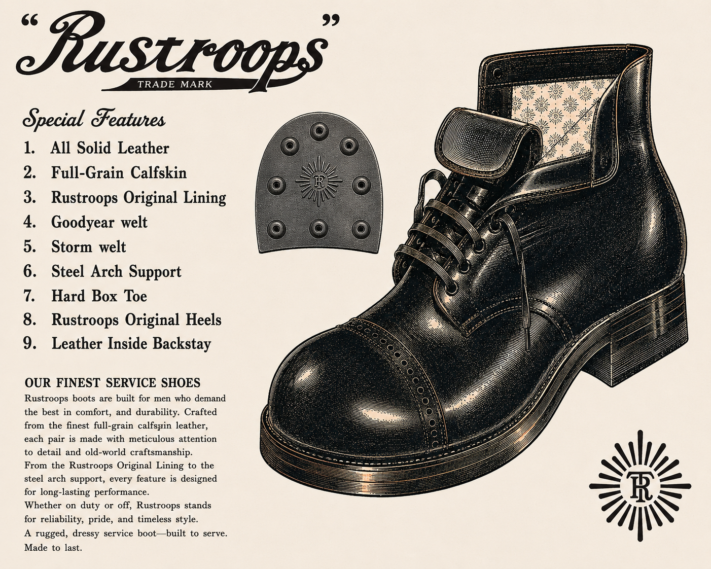 Rustroops Product No. 1 concept advertisement, showing a catalog-style boot illustration and product feature list.
