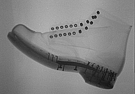 X-ray image of the Morse & Rogers Sundial boot, taken to study its internal construction, including the fastening layout, shank area, and heel structure.