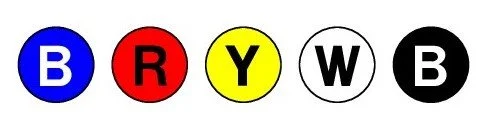 Colorful circles with letters B, R, Y, W, B in black text.