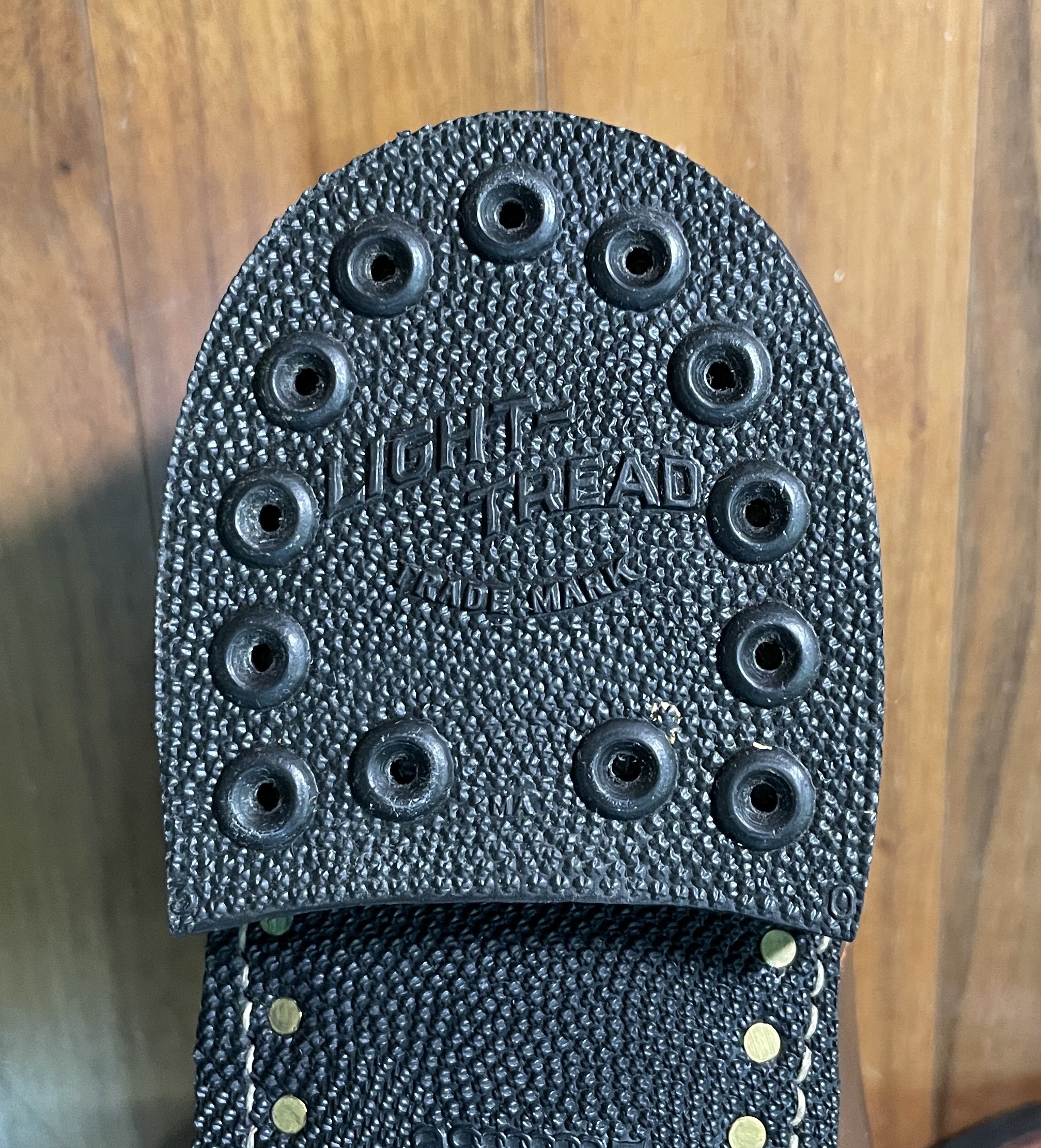 Light Tread heel detail on the International Shoe Company Star Brand work boot, showing the branded rubber heel and nail layout.