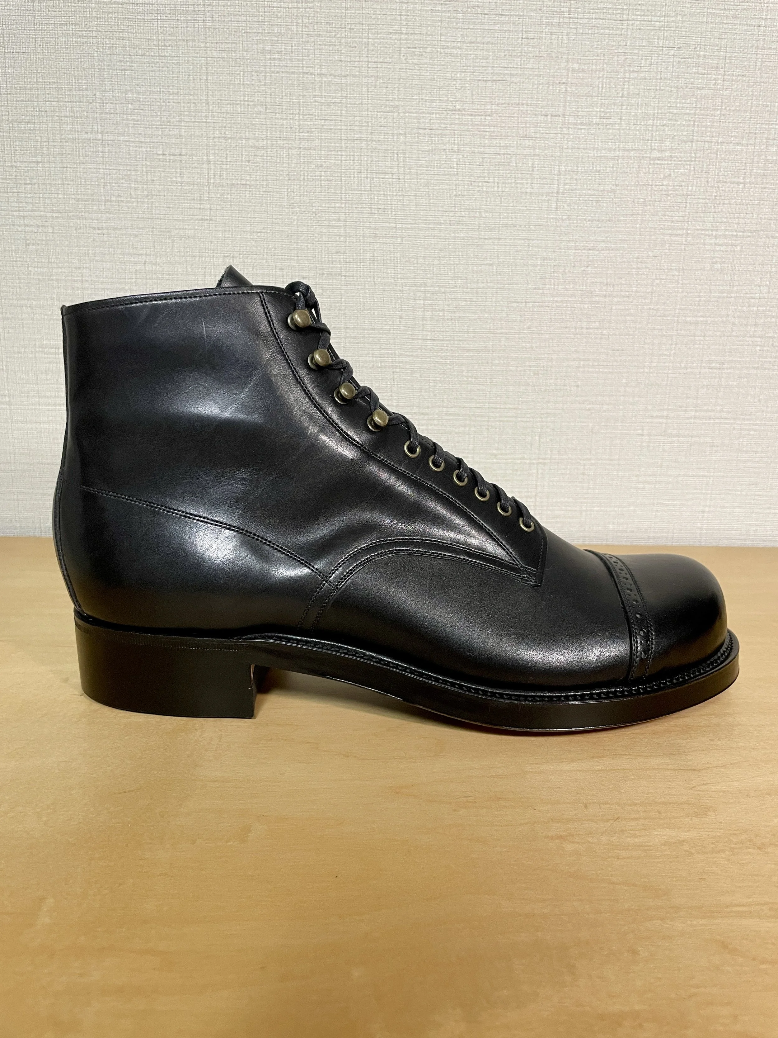 Side profile of the Rustroops Product No. 1 prototype, showing the overall balance of the upper, sole, heel, and last shape.