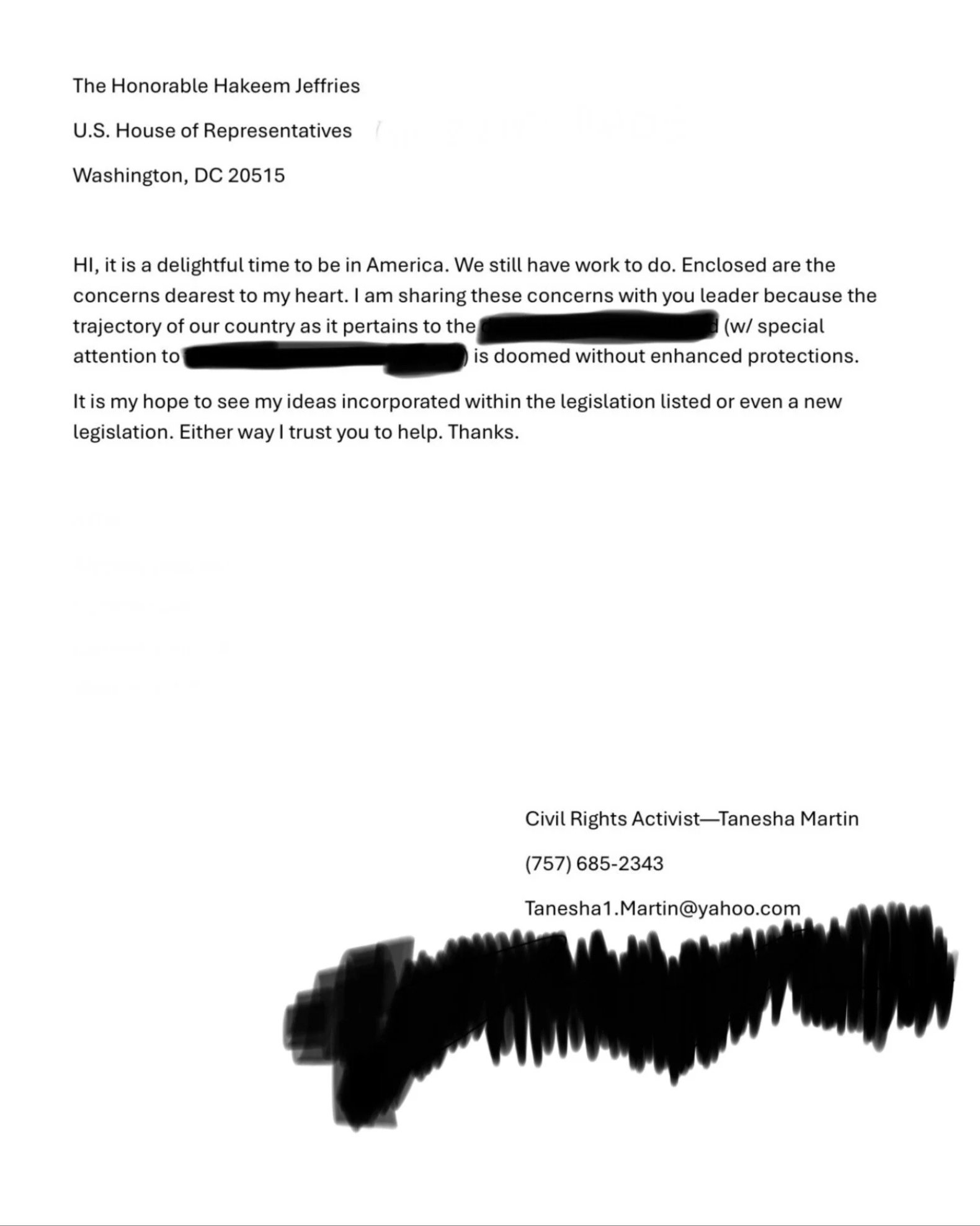 Letter to Hakeem Jeffries