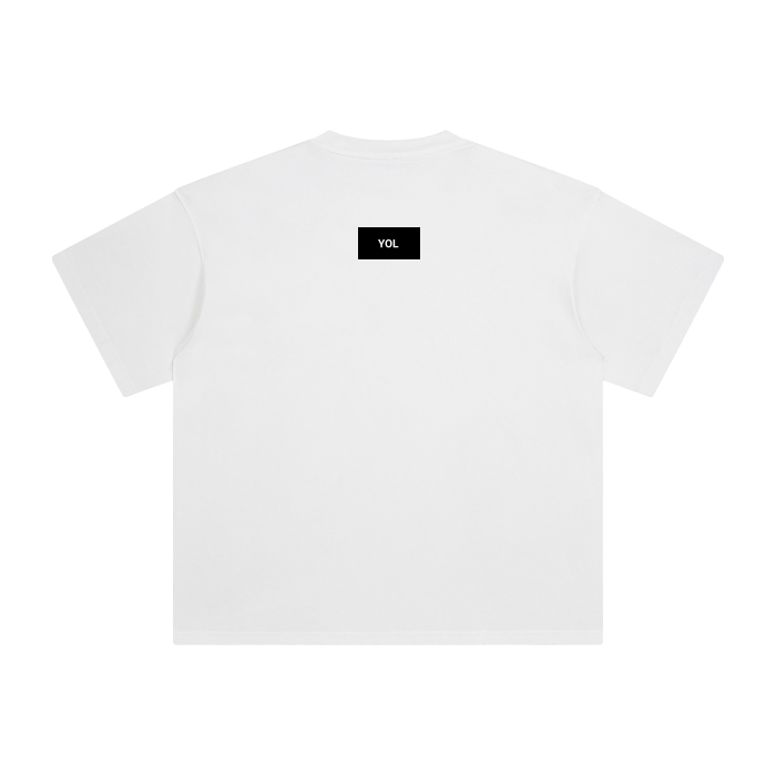 White T-shirt with black rectangular patch on the back that has white text reading 'YOL'.