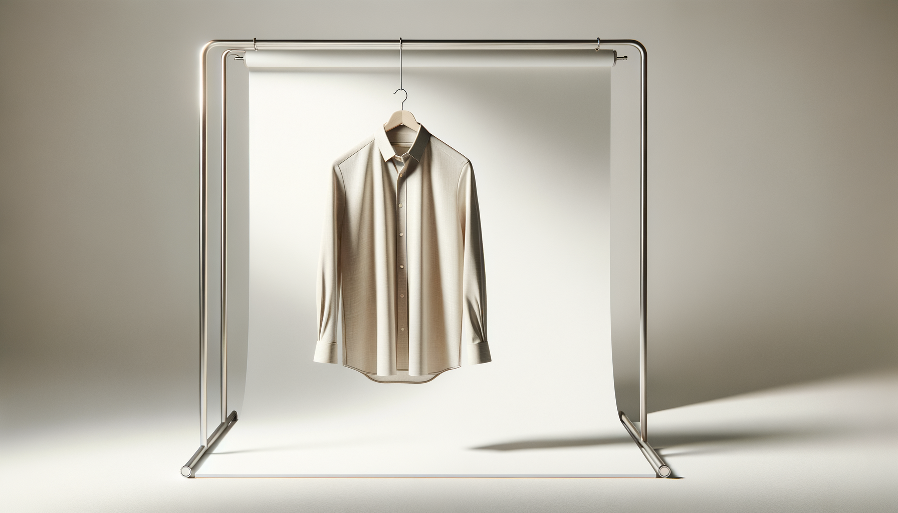 A beige men's dress shirt hanging on a hanger inside a minimalist metal clothing rack with a white background.