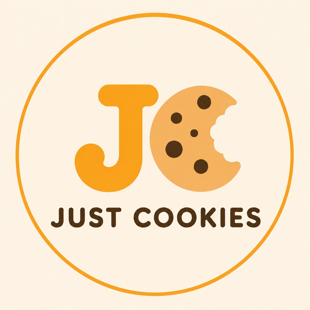 Logo with a stylized letter J and a cookie with chocolate chips forming the letter C, and the text "Just Cookies" underneath.