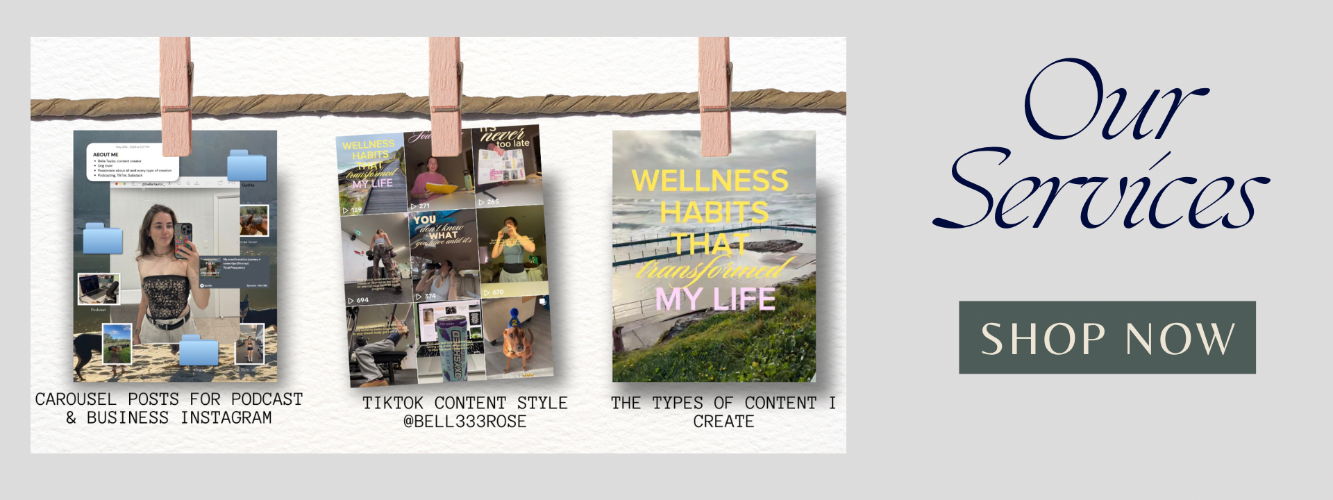 Graphics showcasing social media content types, including carousel posts for podcasts and Instagram, TikTok content style, and various content themes with an overlaid text 'Our Services' and a 'Shop Now' button.