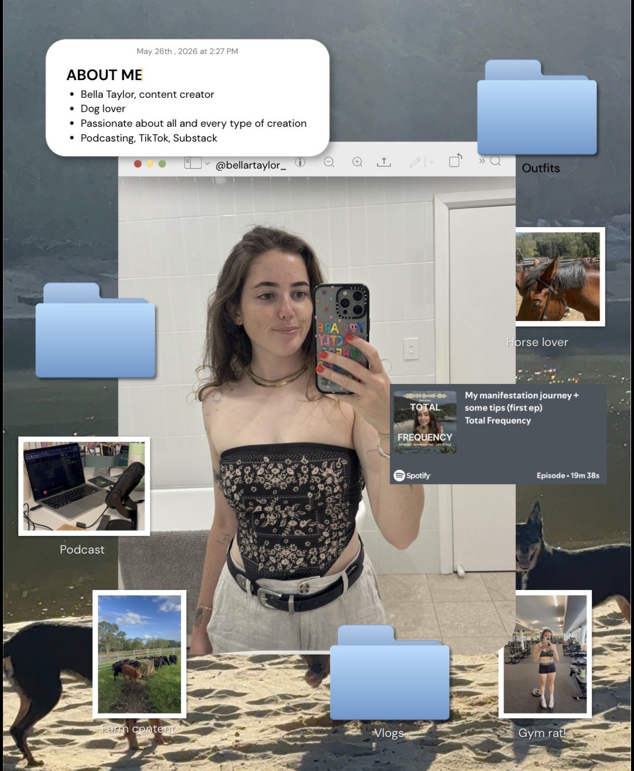 A woman taking a mirror selfie with a smartphone in a bathroom. She is wearing a black strapless top with floral patterns and high-waisted beige shorts. The image includes various digital folders and media clips overlaid, including one labeled 'Podcast' with a picture of a podcast setup, another labeled 'Vlogs' with outdoor scenery, and a smaller image of a horse labeled 'Horse lover.' There is also a text overlay containing a bio about her interests, social media handle, and a Spotify episode about her journey.